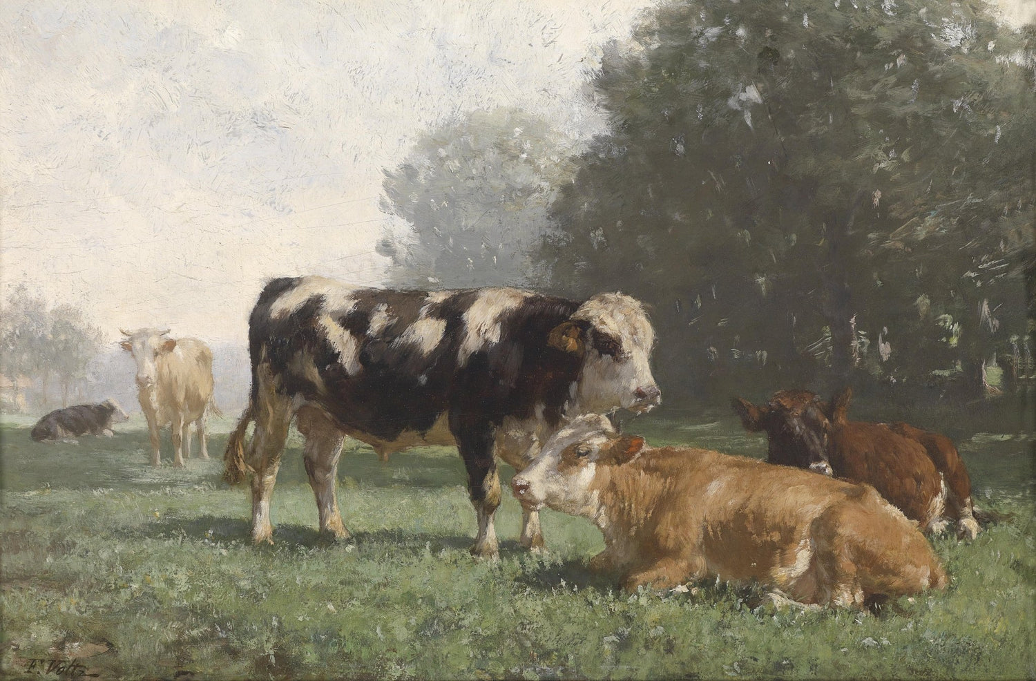 animals Oil Painting - Hand - Painted Cattle in Meadow Scene - Oil Painting Haven