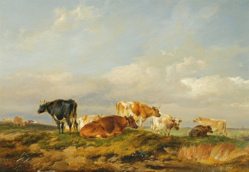animals Oil Painting - Hand - Painted Cattle in Open Pasture - Oil Painting Haven