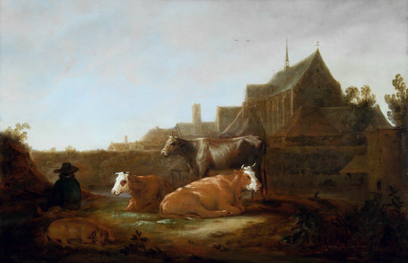 animals Oil Painting - Hand - Painted Cattle in Village Scene - Oil Painting Haven