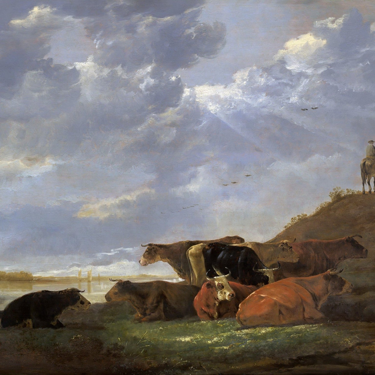 animals Oil Painting - Hand - Painted Cattle Under Cloudy Sky - Oil Painting Haven