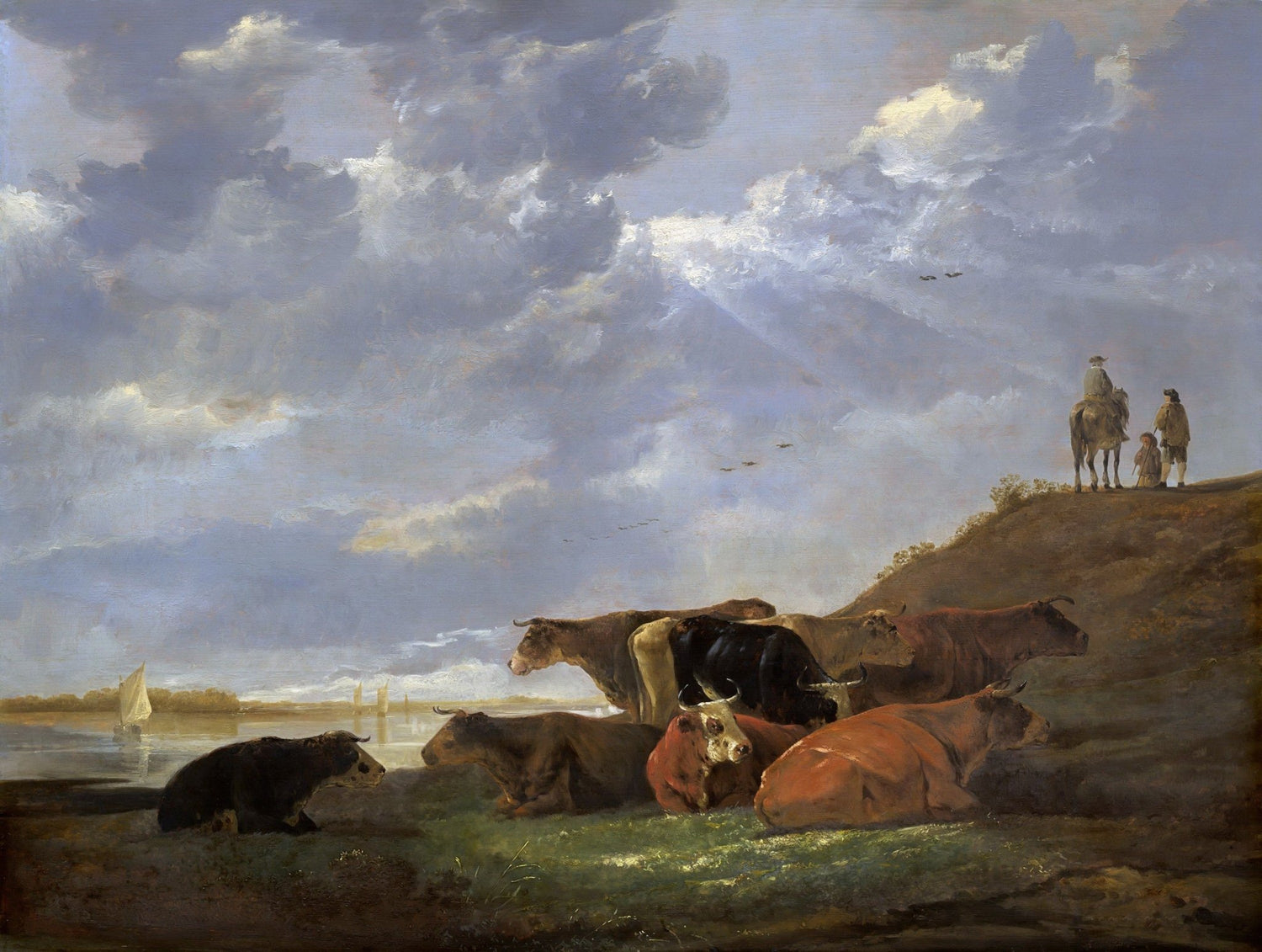 animals Oil Painting - Hand - Painted Cattle Under Cloudy Sky - Oil Painting Haven