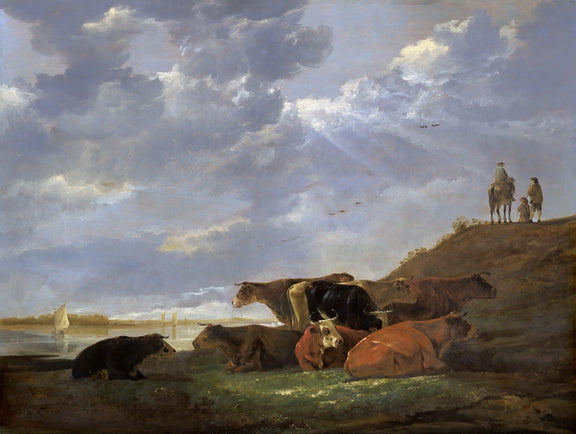 animals Oil Painting - Hand - Painted Cattle Under Cloudy Sky - Oil Painting Haven