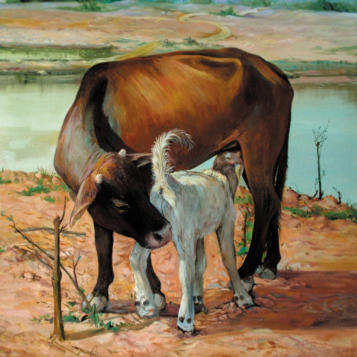 Animals Oil Painting - Hand - Painted Cow and Goat by River - Oil Painting Haven