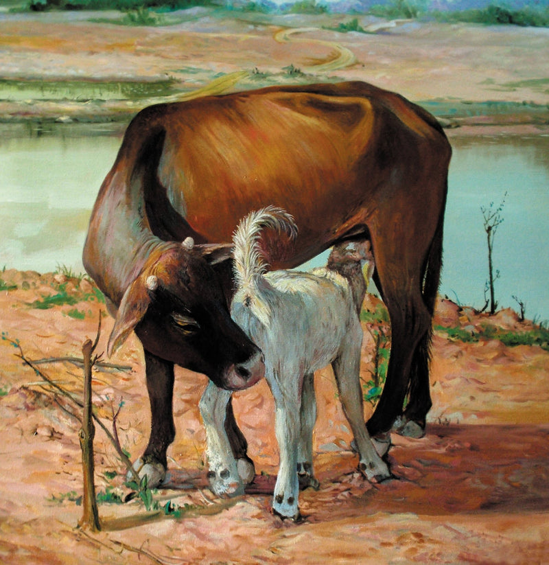 Animals Oil Painting - Hand - Painted Cow and Goat by River - Oil Painting Haven