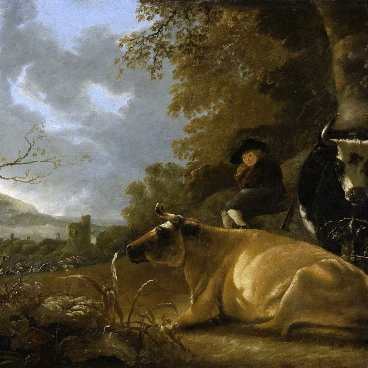 Animals Oil Painting - Hand - Painted Cows and Herd Boy Scene - Oil Painting Haven