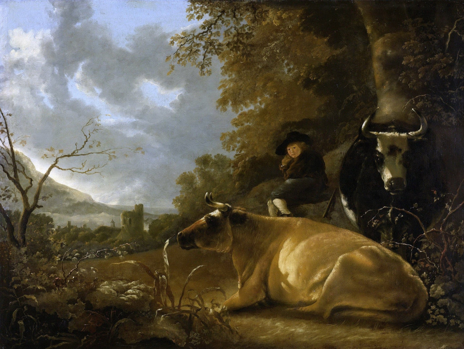 Animals Oil Painting - Hand - Painted Cows and Herd Boy Scene - Oil Painting Haven