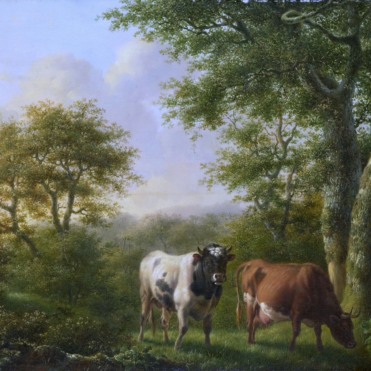Animals Oil Painting - Hand - Painted Cows in Forest Clearing - Oil Painting Haven