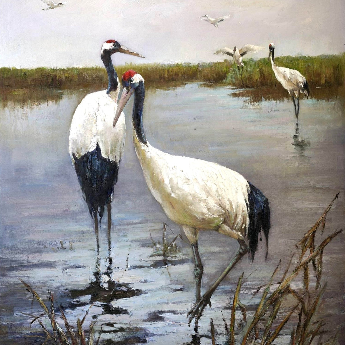 Animals Oil Painting - Hand - Painted Cranes in Wetland Scene - Oil Painting Haven