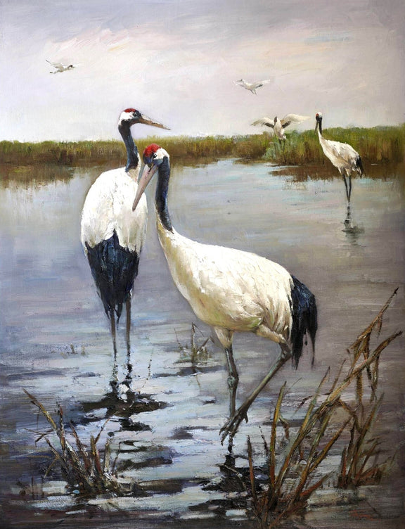Animals Oil Painting - Hand - Painted Cranes in Wetland Scene - Oil Painting Haven