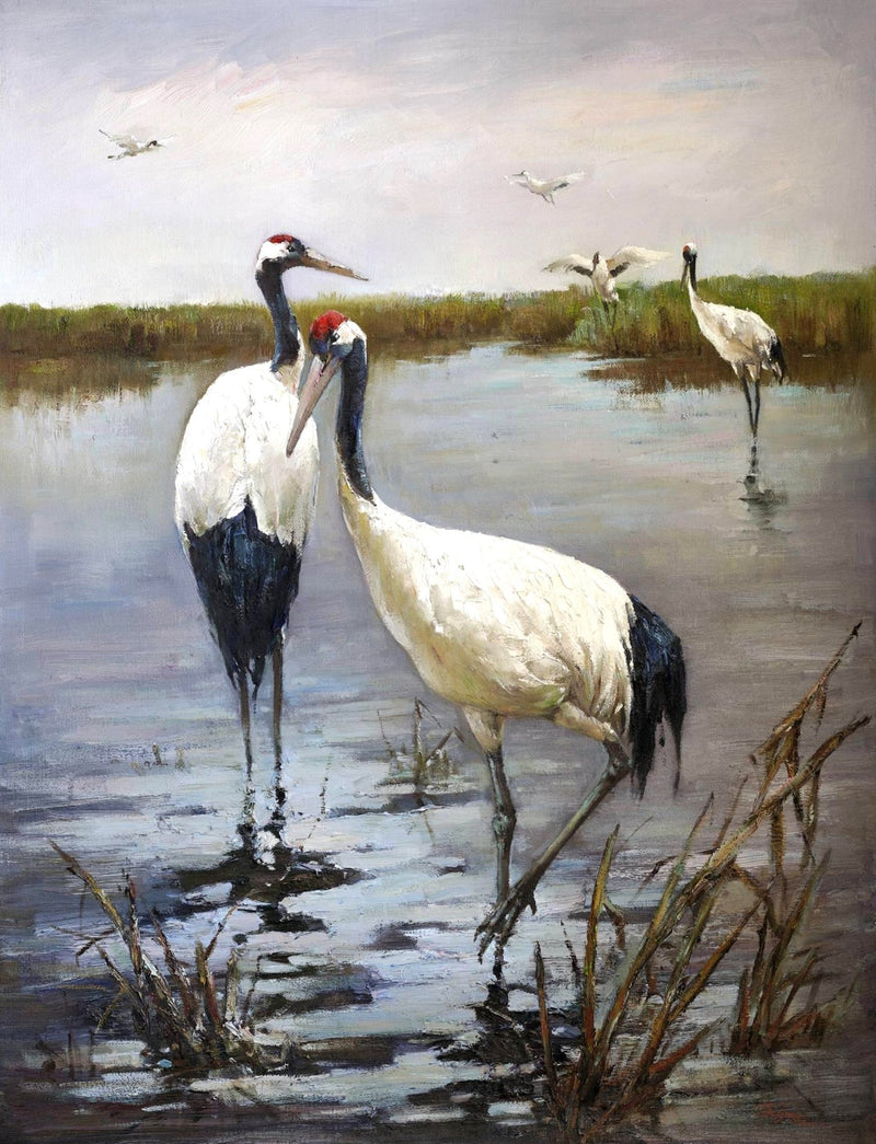Animals Oil Painting - Hand - Painted Cranes in Wetland Scene - Oil Painting Haven