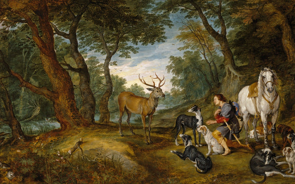 animals Oil Painting - Hand - Painted Deer and Hunting Dogs - Oil Painting Haven
