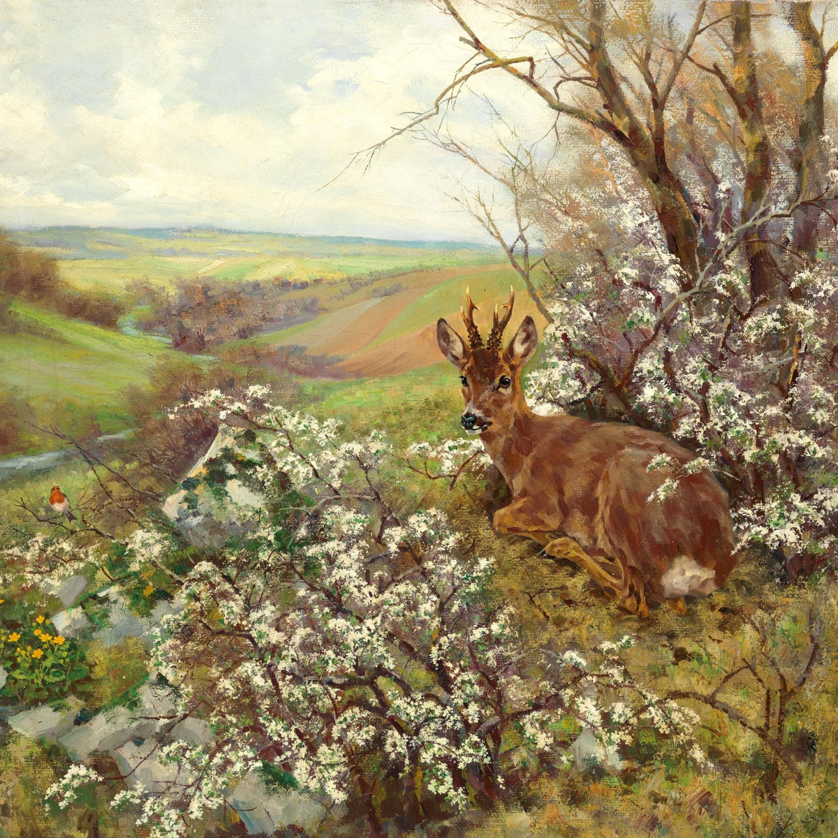 Animals Oil Painting - Hand - Painted Deer in Blooming Hills - Oil Painting Haven