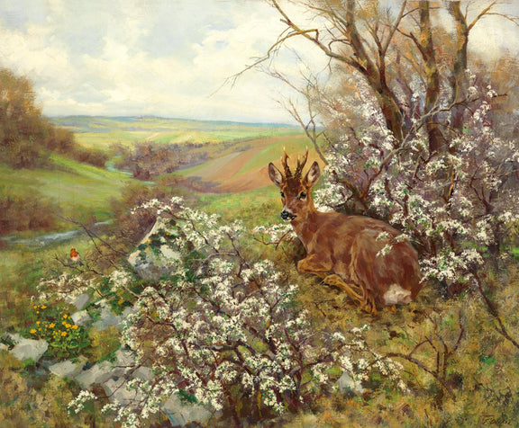 Animals Oil Painting - Hand - Painted Deer in Blooming Hills - Oil Painting Haven
