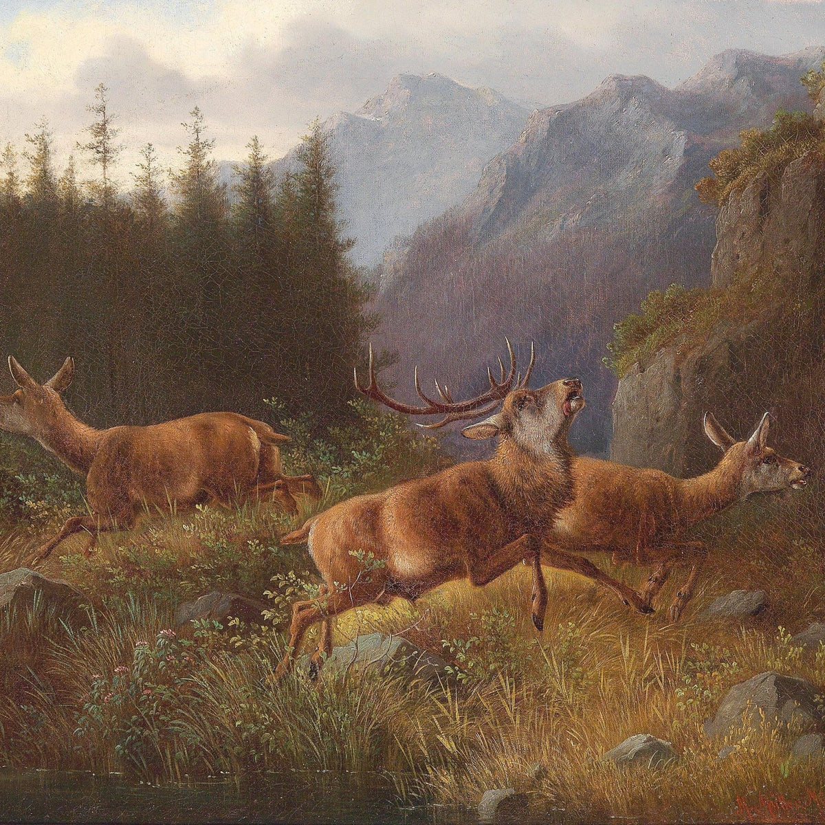 Animals Oil Painting - Hand - Painted Deer in Mountain Forest - Oil Painting Haven