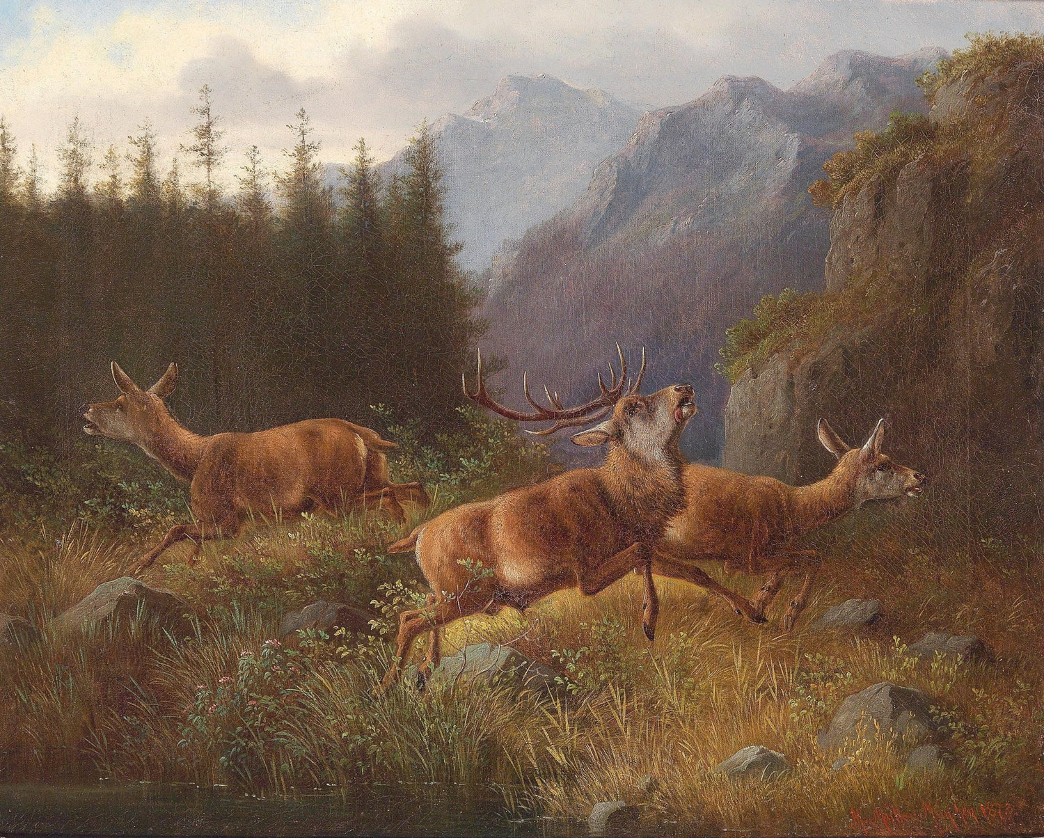 Animals Oil Painting - Hand - Painted Deer in Mountain Forest - Oil Painting Haven