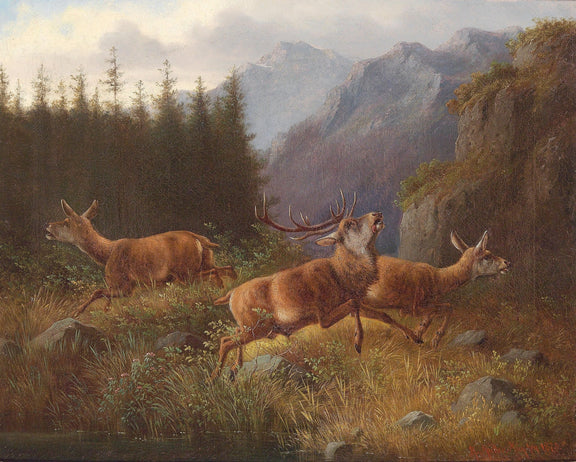 Animals Oil Painting - Hand - Painted Deer in Mountain Forest - Oil Painting Haven