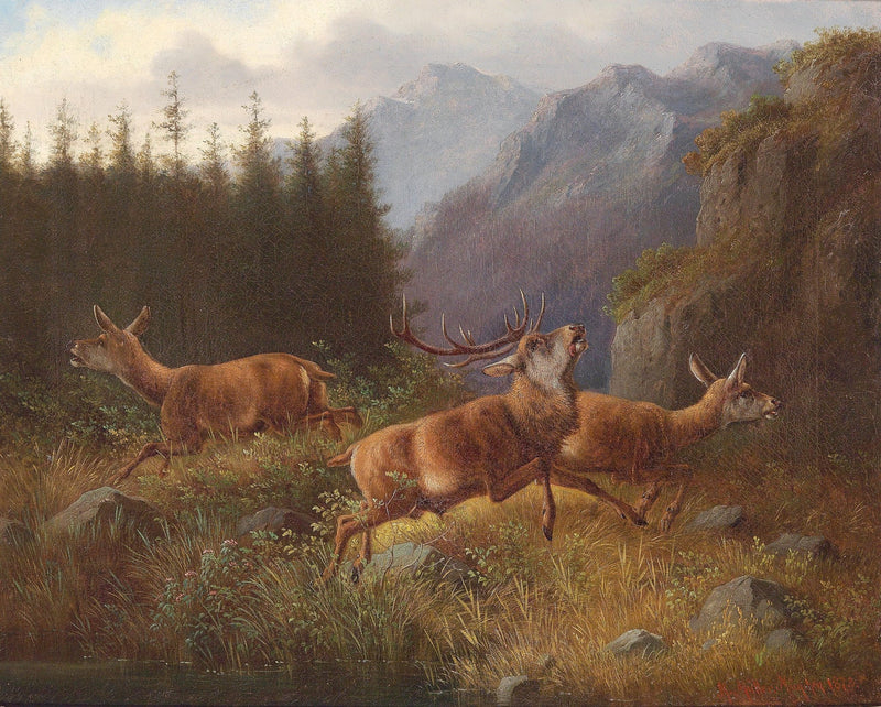 Animals Oil Painting - Hand - Painted Deer in Mountain Forest - Oil Painting Haven