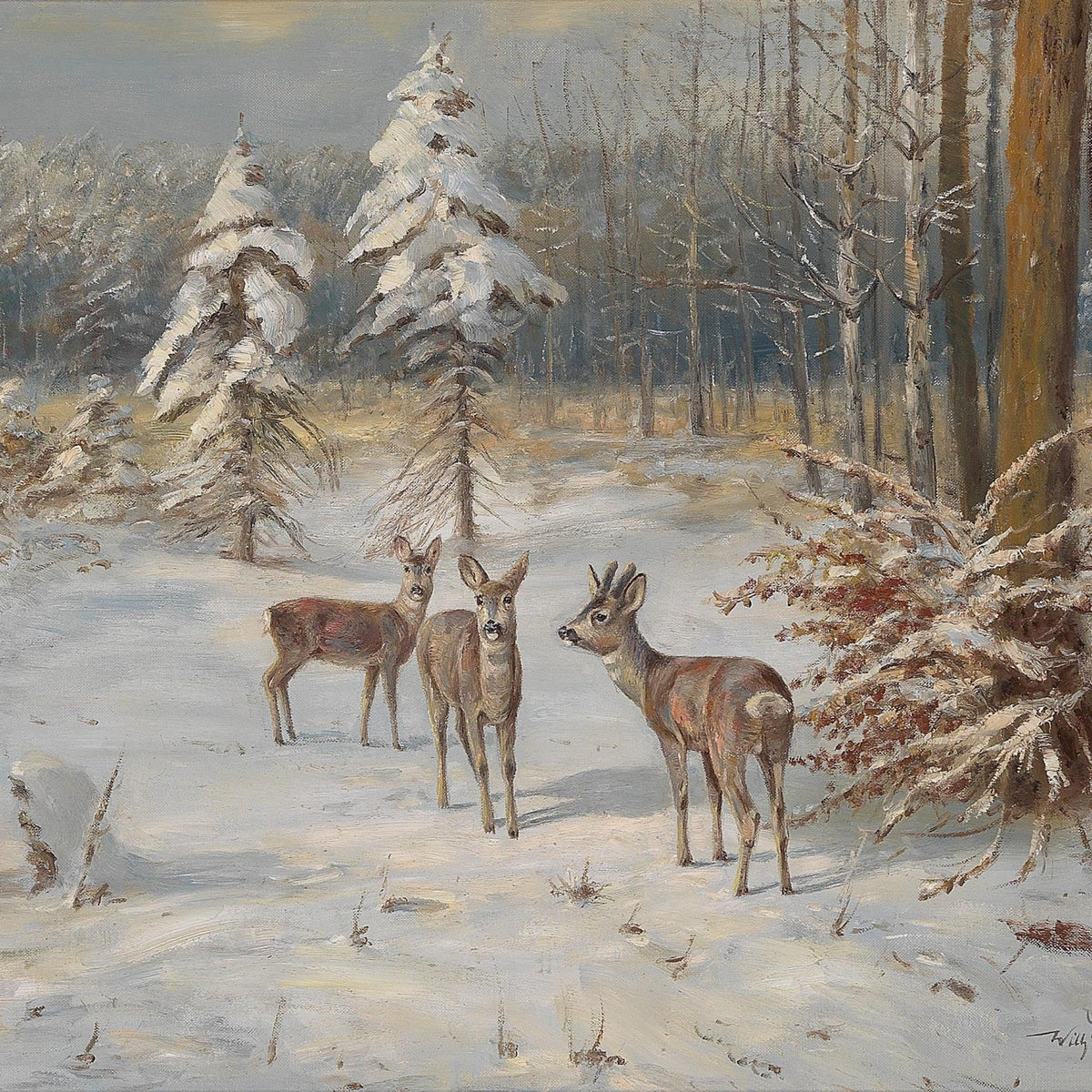 Animals Oil Painting - Hand - Painted Deer in Snowy Forest - Oil Painting Haven