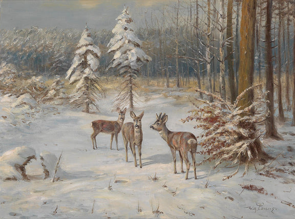 Animals Oil Painting - Hand - Painted Deer in Snowy Forest - Oil Painting Haven