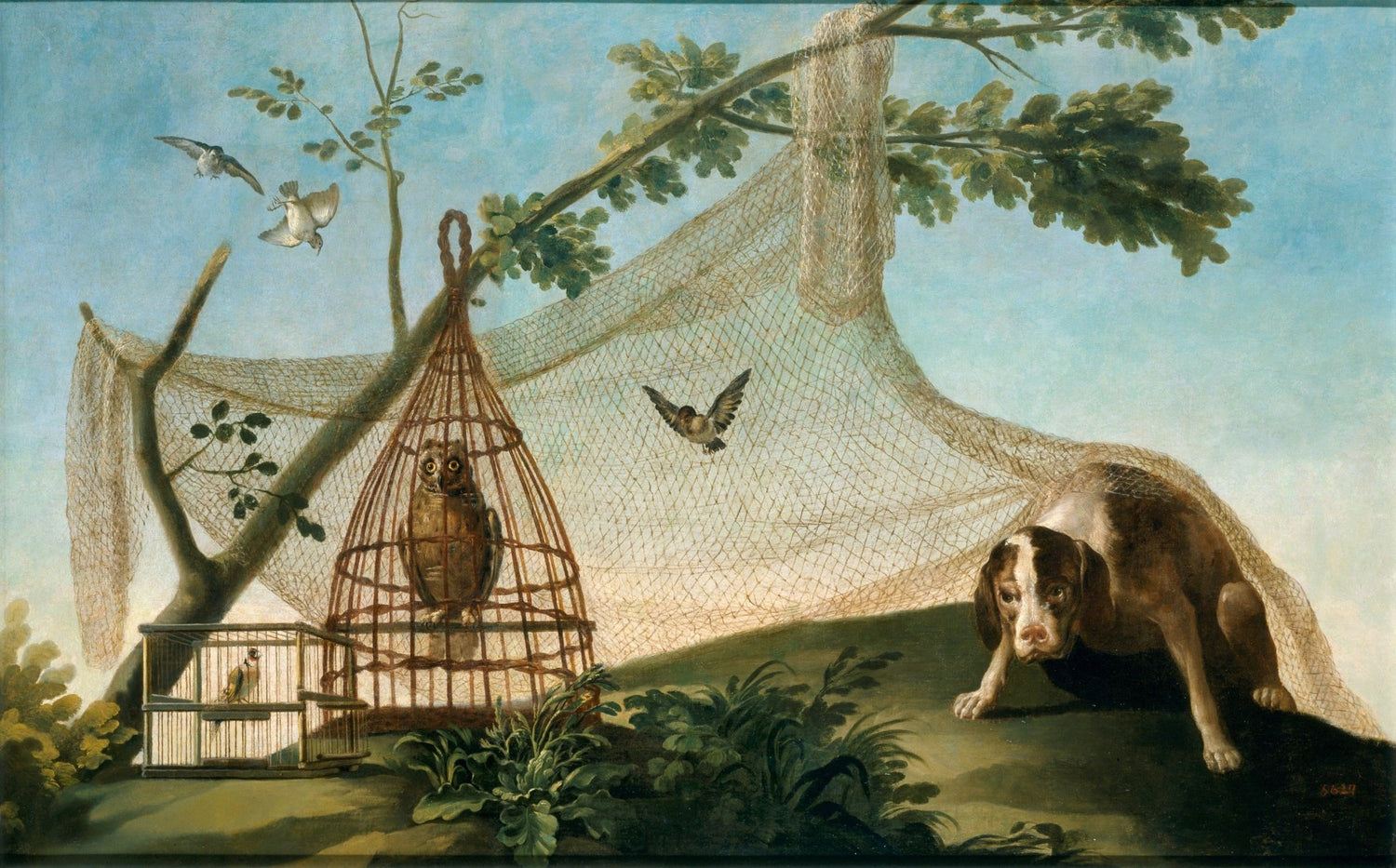 animals Oil Painting - Hand - Painted Dog and Birds Scene - Oil Painting Haven