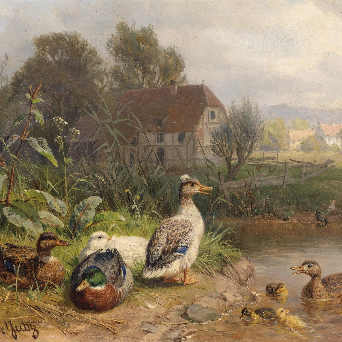 animals Oil Painting - Hand - Painted Ducks by Country Pond - Oil Painting Haven