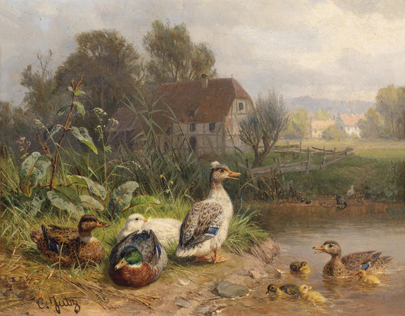 animals Oil Painting - Hand - Painted Ducks by Country Pond - Oil Painting Haven