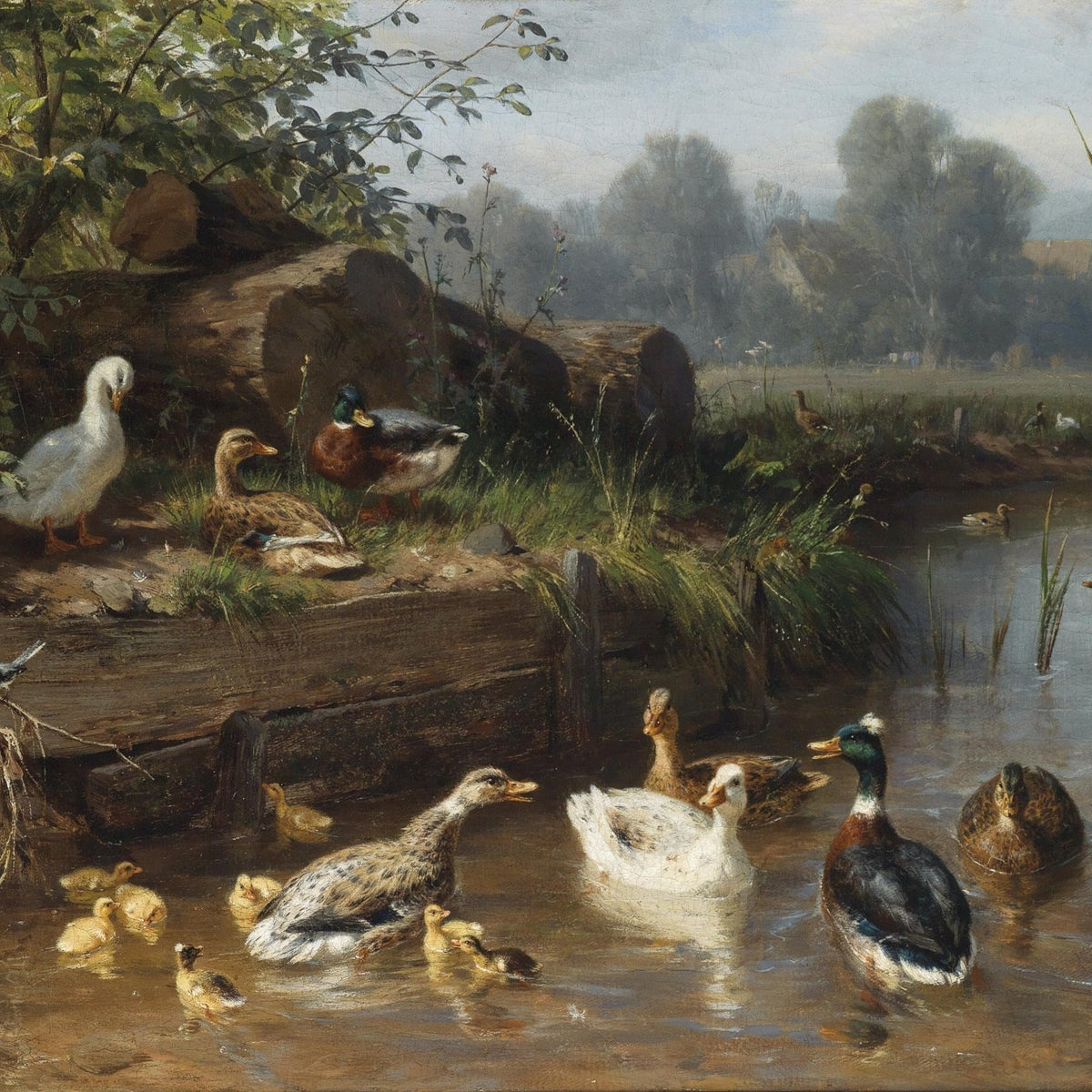 animals Oil Painting - Hand - Painted Ducks by the Pond - Oil Painting Haven