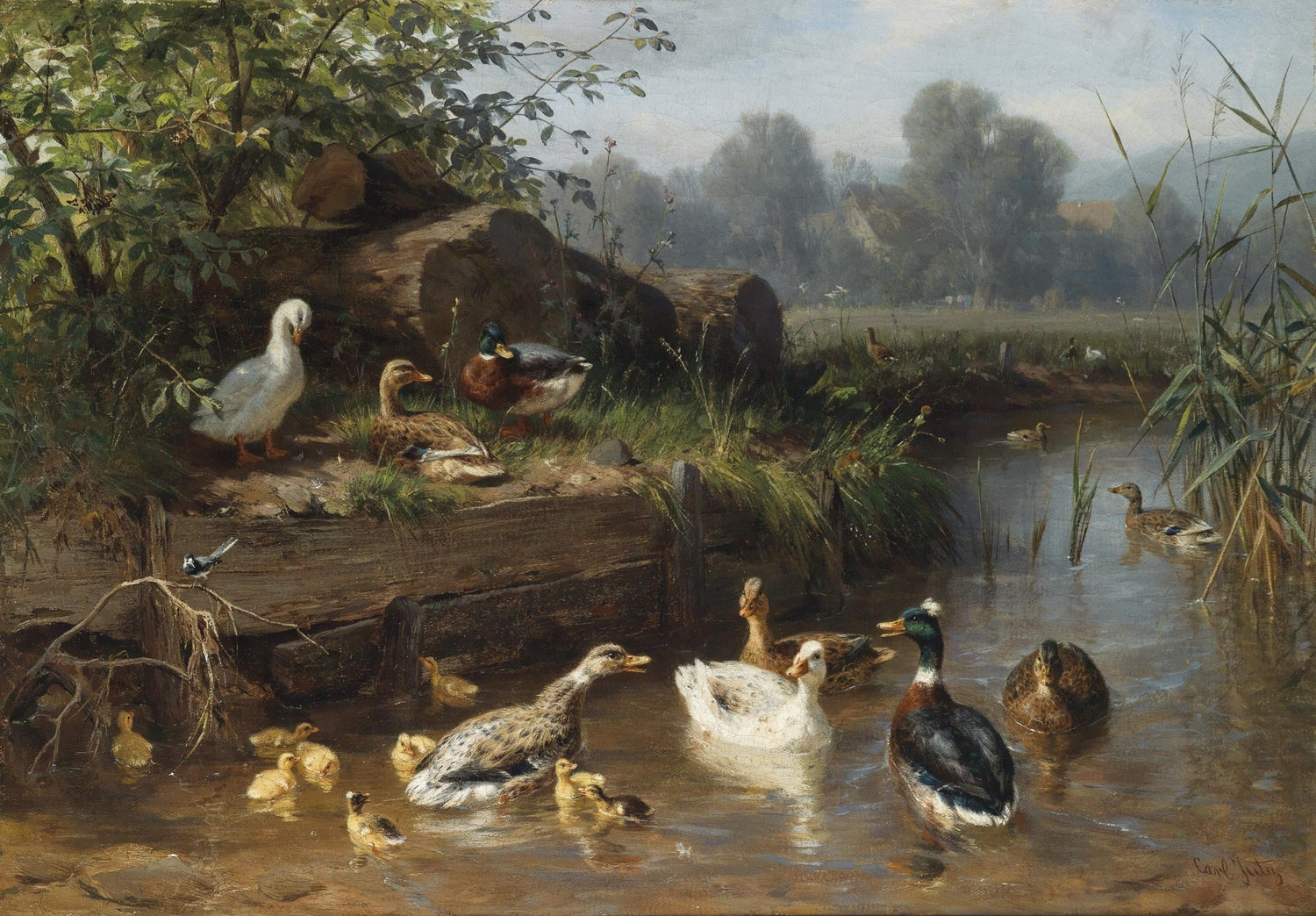 animals Oil Painting - Hand - Painted Ducks by the Pond - Oil Painting Haven