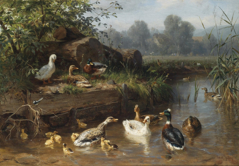animals Oil Painting - Hand - Painted Ducks by the Pond - Oil Painting Haven