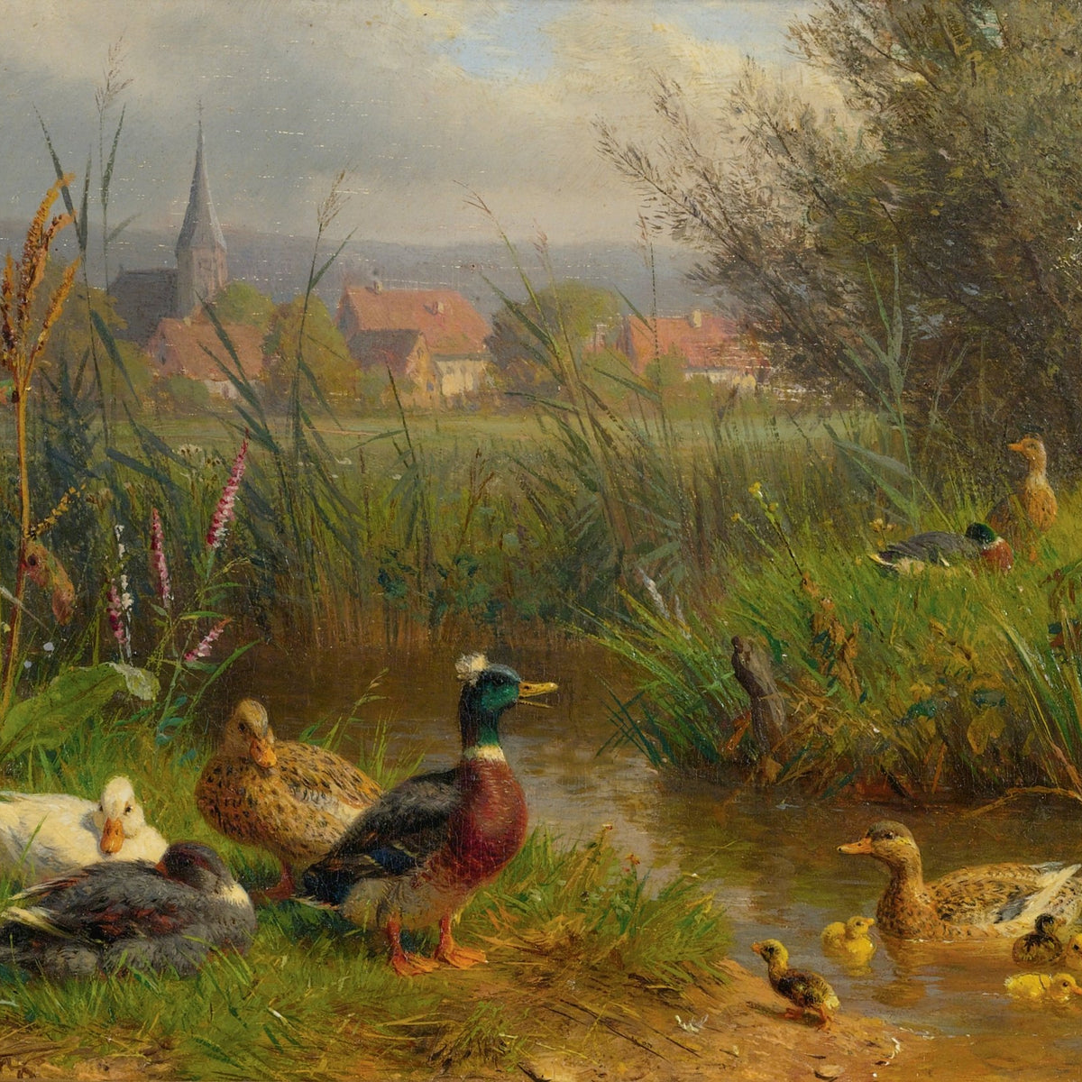 Animals Oil Painting - Hand - Painted Ducks by Village Stream - Oil Painting Haven