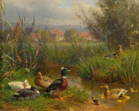 Animals Oil Painting - Hand - Painted Ducks by Village Stream - Oil Painting Haven