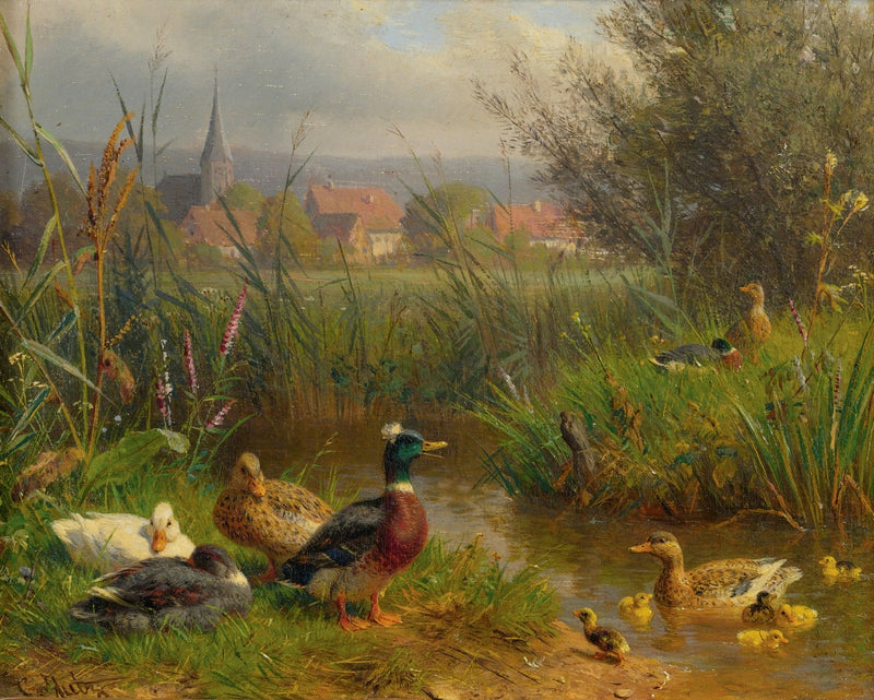 Animals Oil Painting - Hand - Painted Ducks by Village Stream - Oil Painting Haven