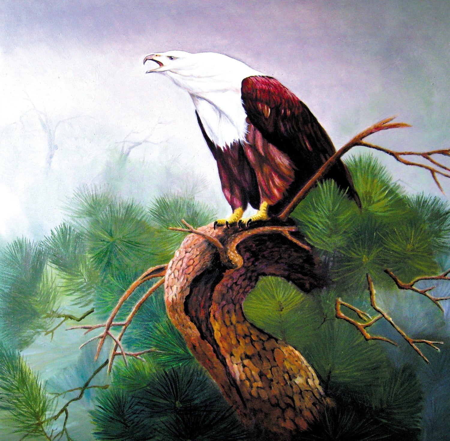 Animals Oil Painting - Hand - Painted Eagle on Pine Branch - Oil Painting Haven