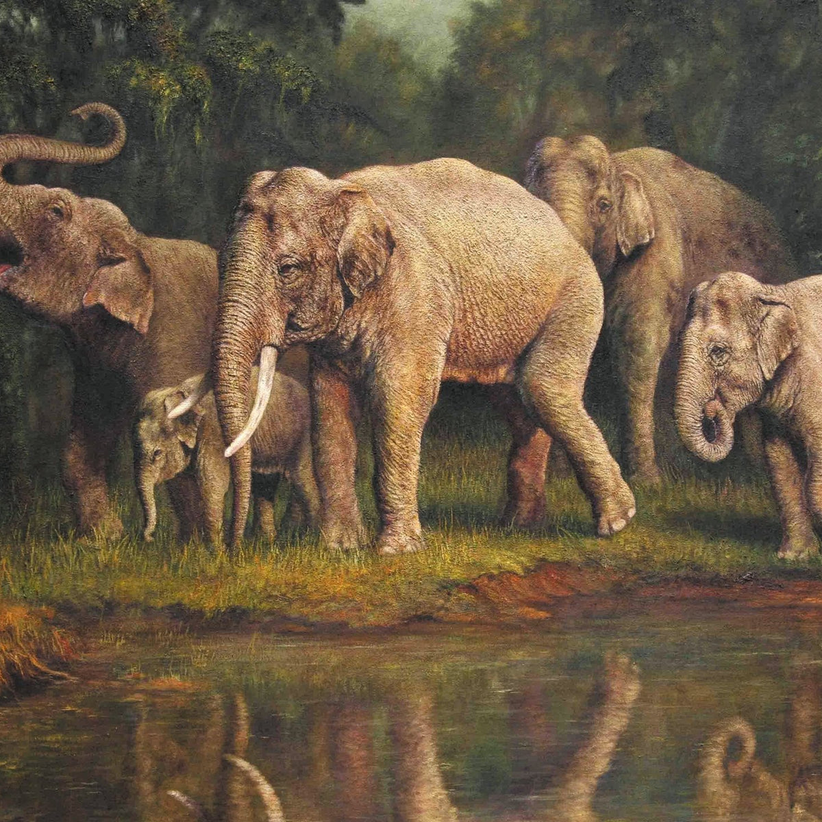 Animals Oil Painting - Hand - Painted Elephant Family Scene - Oil Painting Haven