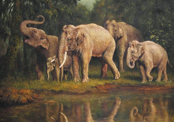 Animals Oil Painting - Hand - Painted Elephant Family Scene - Oil Painting Haven