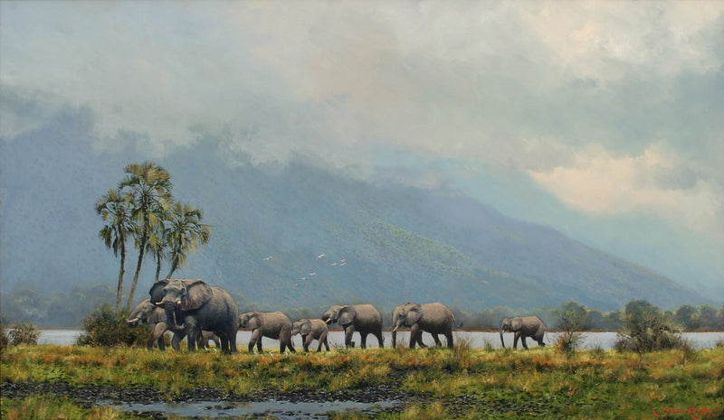 Animals Oil Painting - Hand - Painted Elephant Herd by Lake - Oil Painting Haven