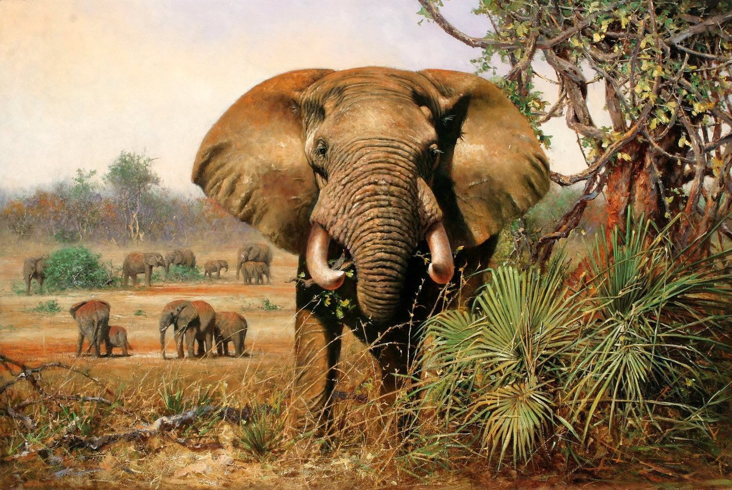 Animals Oil Painting - Hand - Painted Elephant in Savannah - Oil Painting Haven