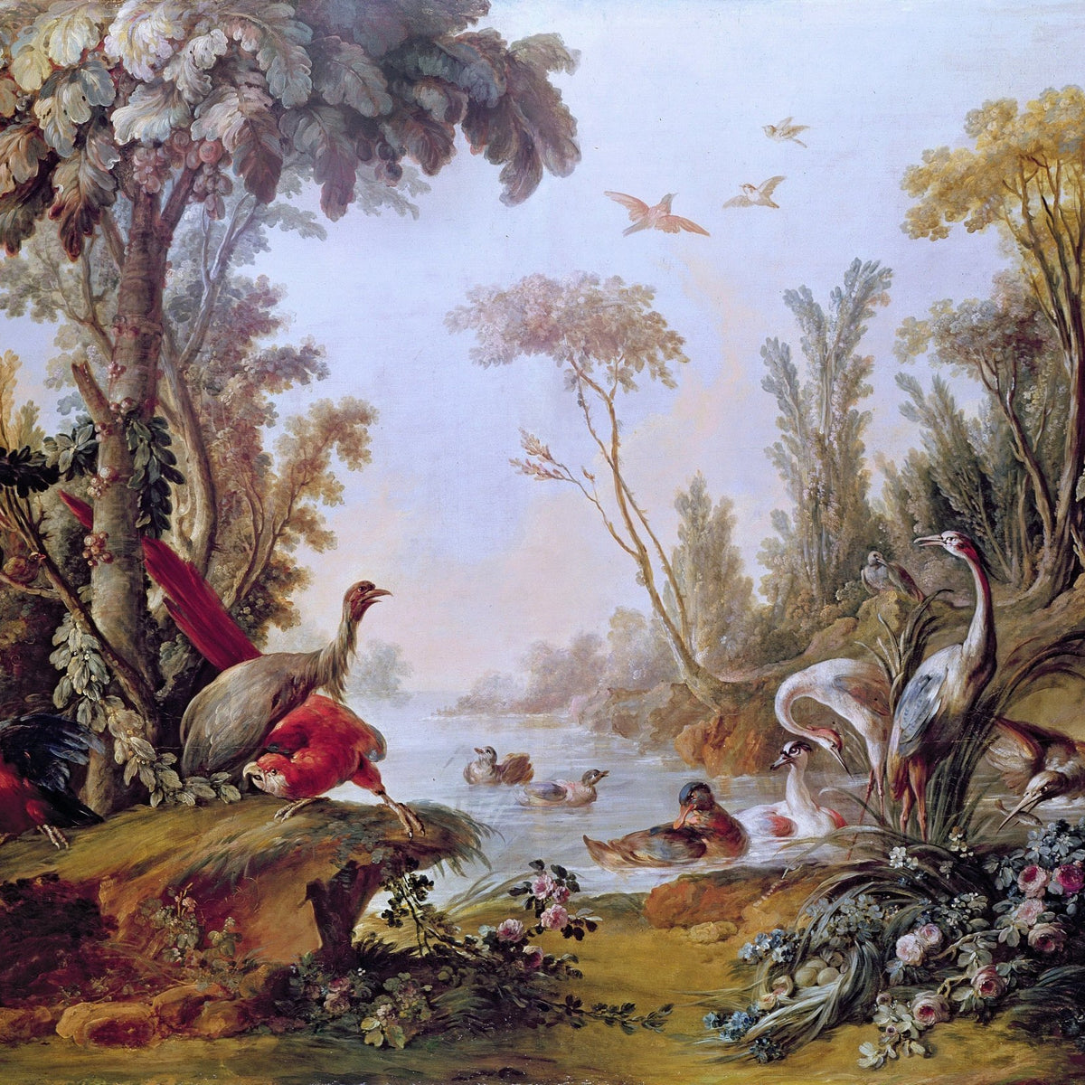 Animals Oil Painting - Hand - Painted Exotic Birds by the Lake - Oil Painting Haven