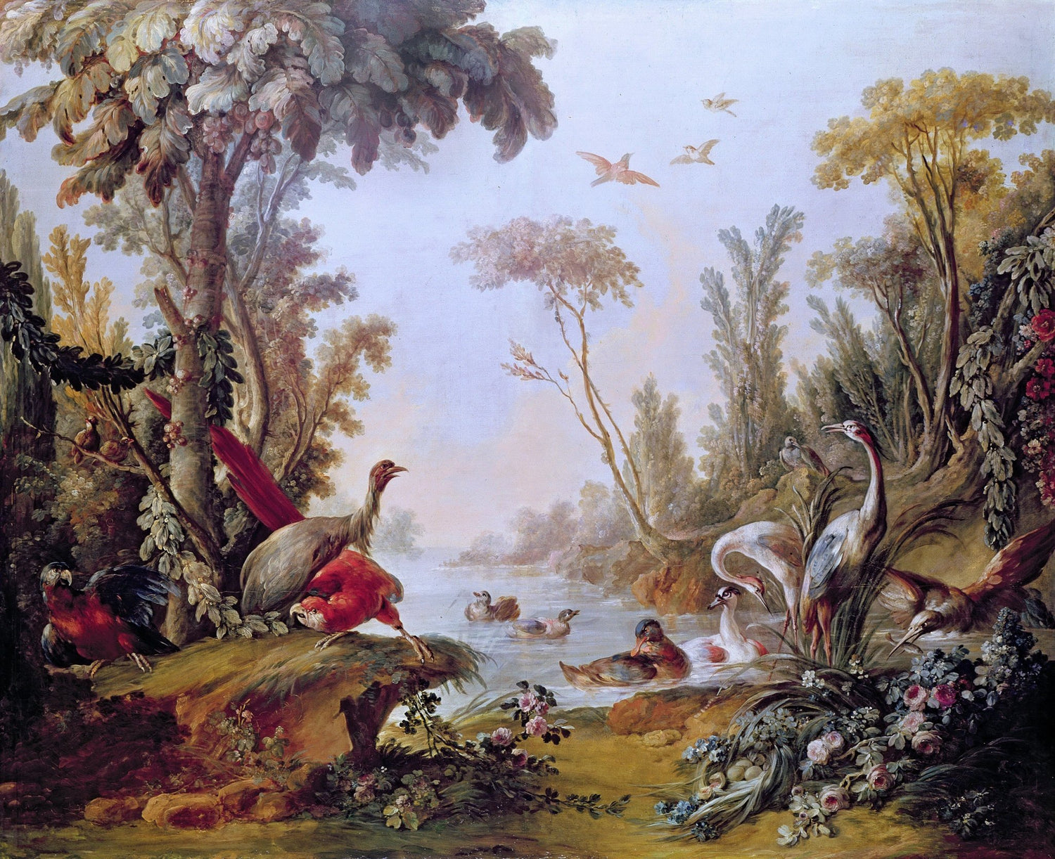Animals Oil Painting - Hand - Painted Exotic Birds by the Lake - Oil Painting Haven