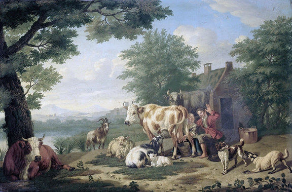 Animals Oil Painting - Hand - Painted Farm Animals Milking Scene - Oil Painting Haven
