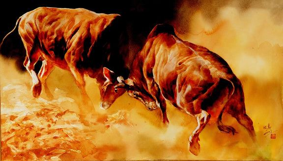 Animals Oil Painting - Hand - Painted Fighting Bulls Artwork - Oil Painting Haven