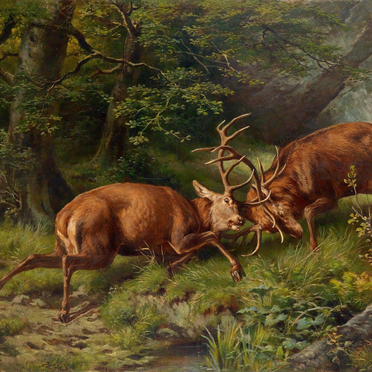 animals Oil Painting - Hand - Painted Fighting Deer Scene - Oil Painting Haven