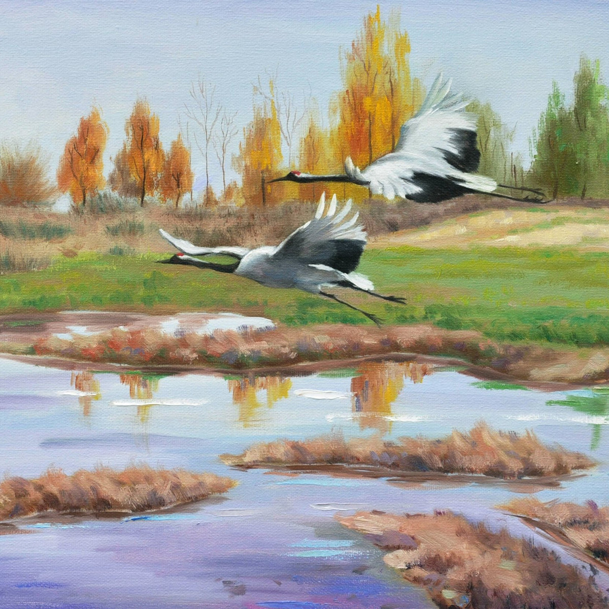 Animals Oil Painting - Hand - Painted Flying Cranes by Water - Oil Painting Haven