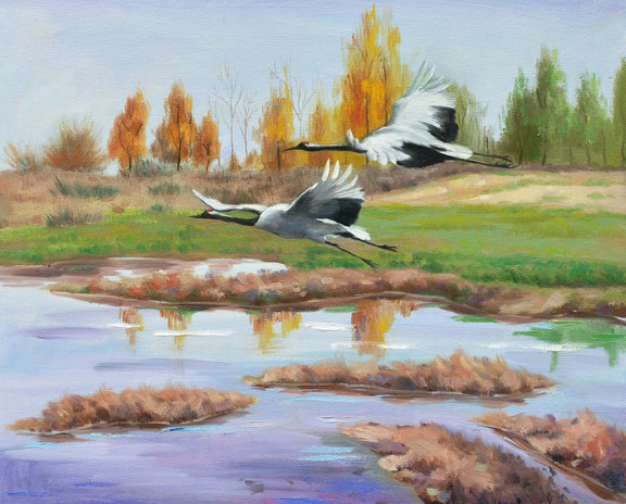 Animals Oil Painting - Hand - Painted Flying Cranes by Water - Oil Painting Haven