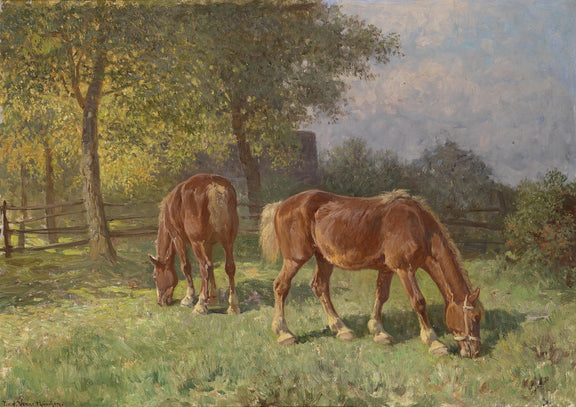 animals Oil Painting - Hand - Painted Grazing Horses Scene - Oil Painting Haven