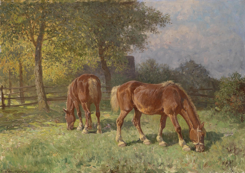 animals Oil Painting - Hand - Painted Grazing Horses Scene - Oil Painting Haven