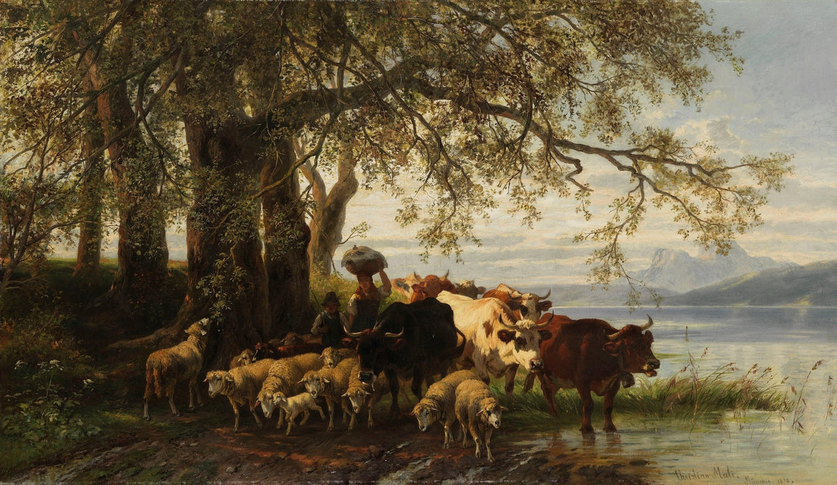 Animals Oil Painting - Hand - Painted Herd by Mountain Lake - Oil Painting Haven