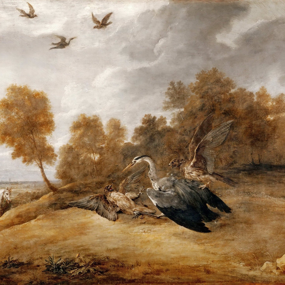 Animals Oil Painting - Hand - Painted Heron Hunt Scene - Oil Painting Haven