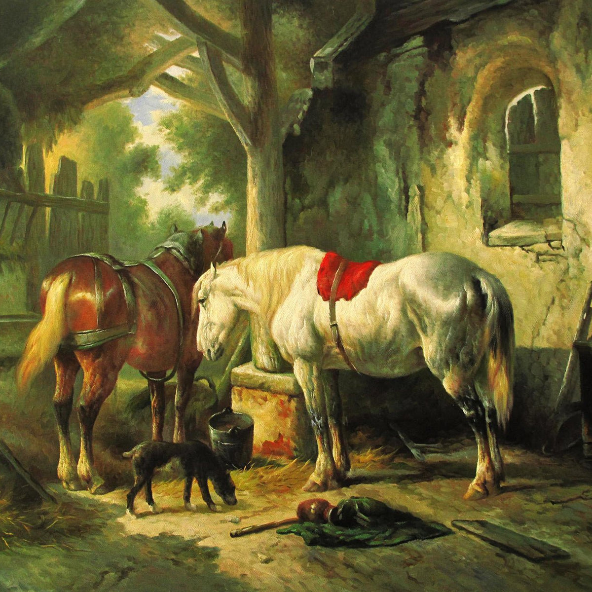 Animals Oil Painting - Hand - Painted Horses and Dog in Stable - Oil Painting Haven