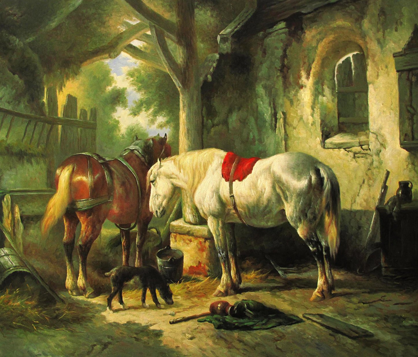 Animals Oil Painting - Hand - Painted Horses and Dog in Stable - Oil Painting Haven